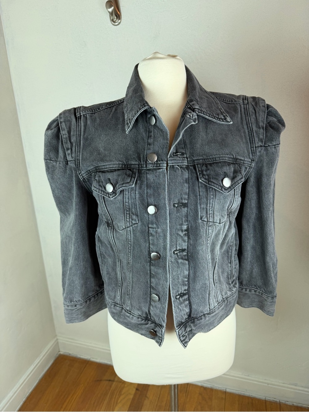 FRAME Grey Denim Jacket with Puff Shoulders